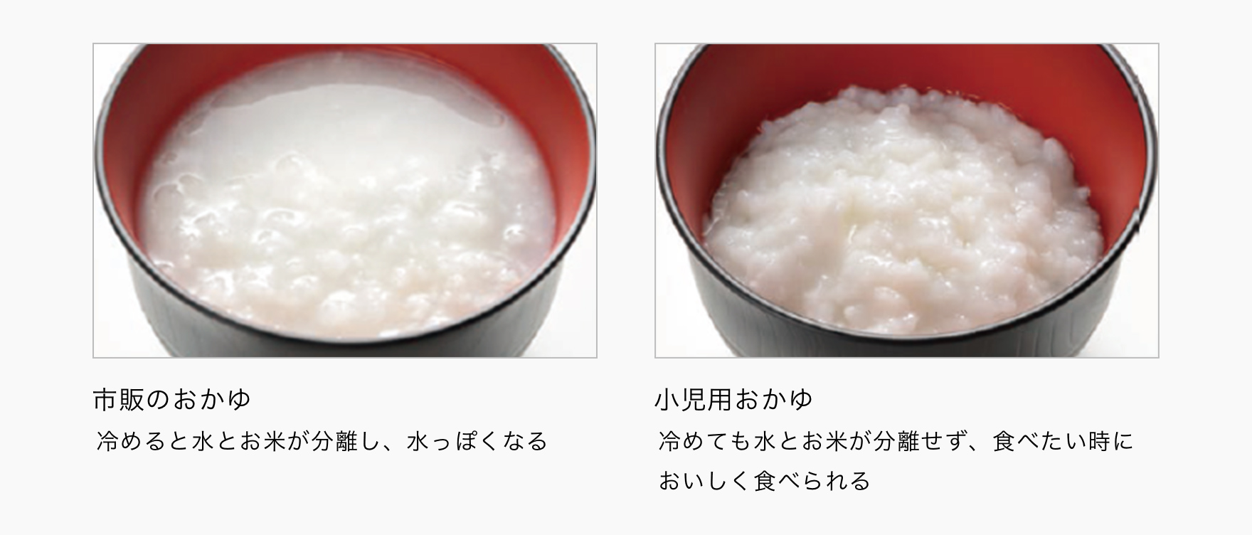 図：「市販のおかゆ」と「小児用おかゆ」の離水比較 市販のおかゆ 冷めると水とお米が分離し、水っぽくなる。 小児用おかゆ 冷めても水とお米が分離せず、食べたい時においしく食べられる