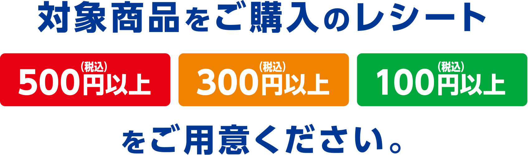 対象商品をご購入のレシート500円（税込）以上、300円（税込）以上、100円（税込）以上をご用意ください。