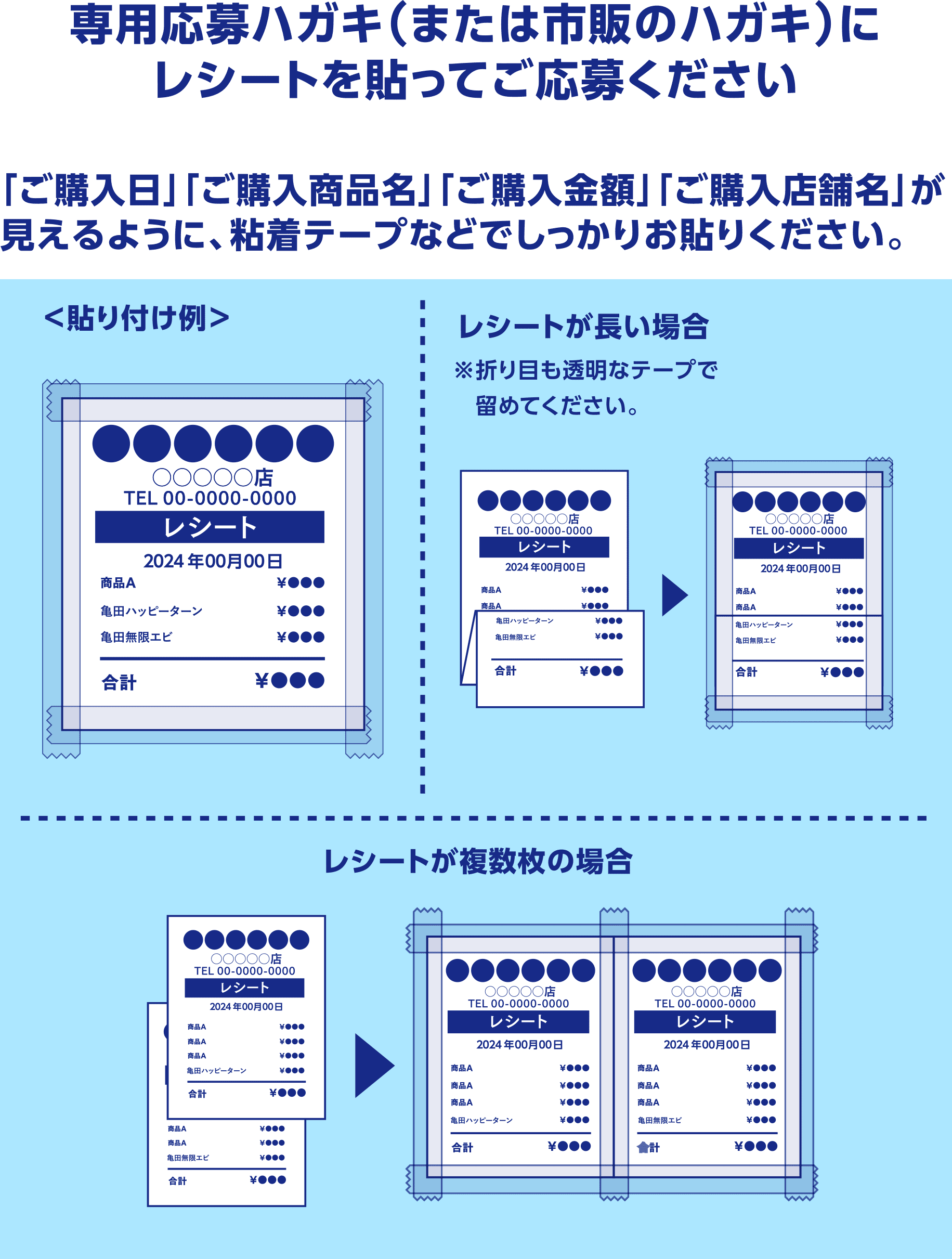 専用応募ハガキ（または市販のハガキ）にレシートを貼ってご応募ください。「ご購⼊⽇」「ご購⼊商品名」「ご購⼊金額」「ご購⼊店舗名」が⾒えるように、粘着テープなどでしっかりお貼りください。